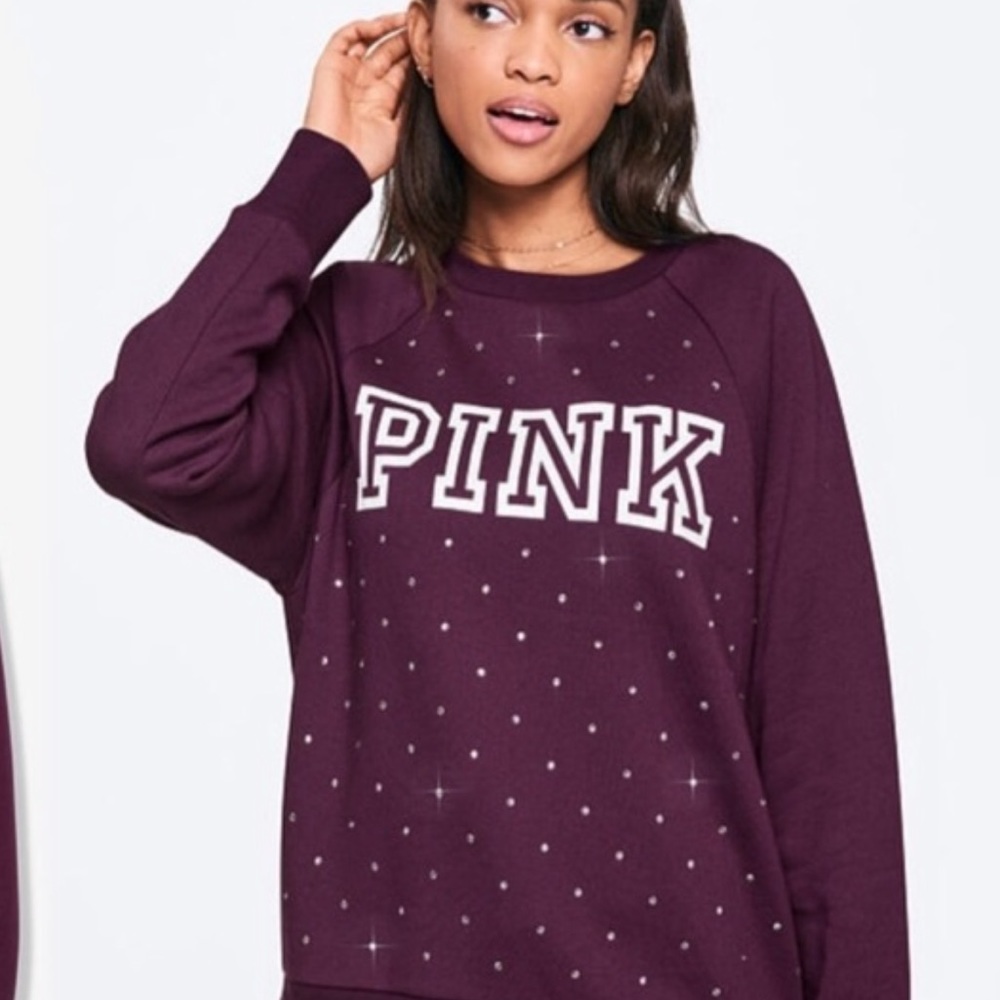 Victorias Secret PINK Burgundy Purple Rhinestone Crewneck Sweater Size Small